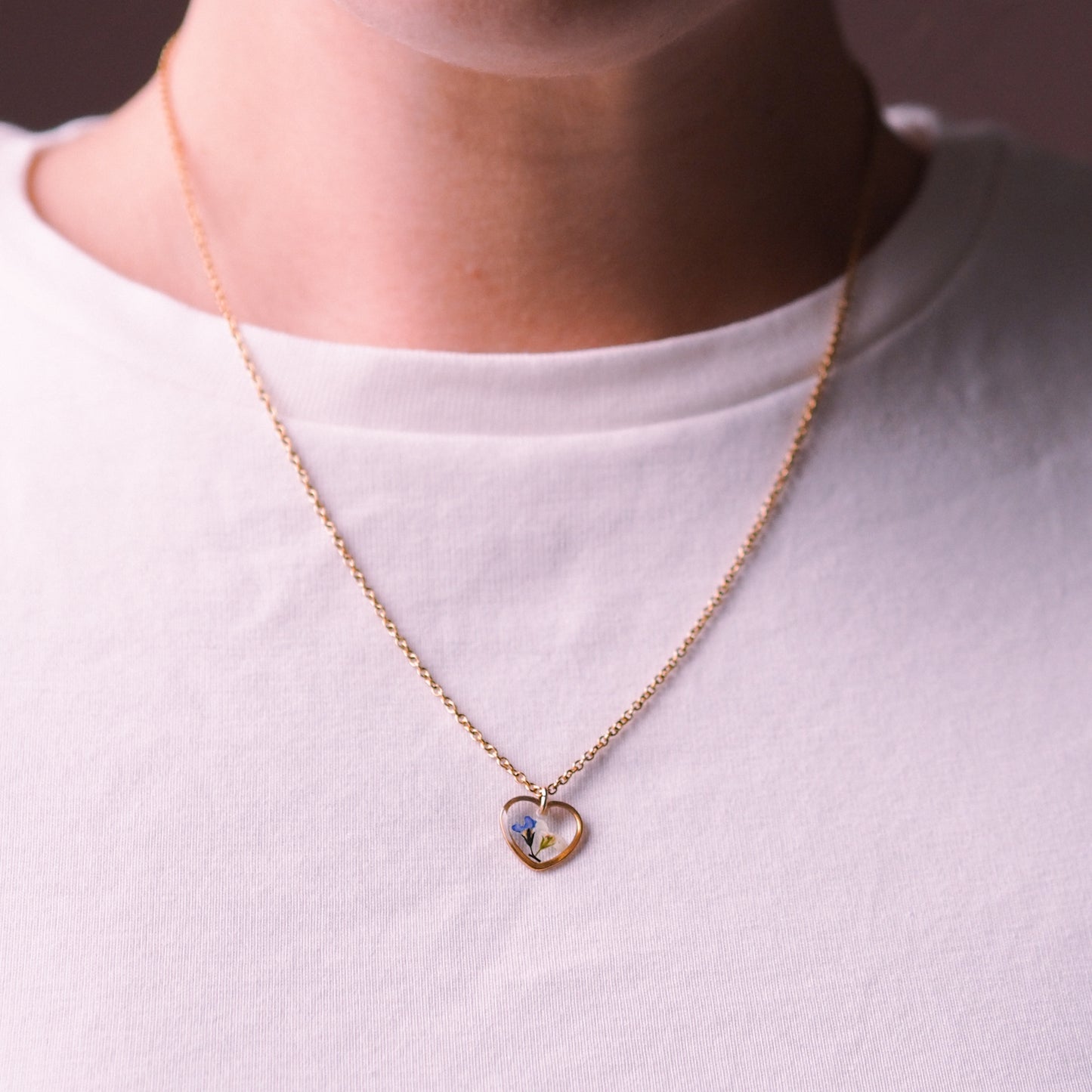 "Forget-Me-Not" - Halskette mit echten Vergissmeinnicht, Herzanhänger, Edelstahl