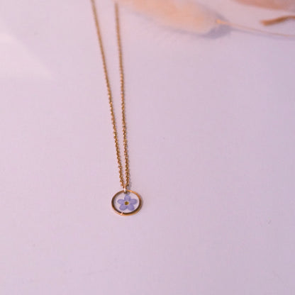 „Forget-Me-Not“ - Halskette mit echten Vergissmeinnicht, Edelstahl