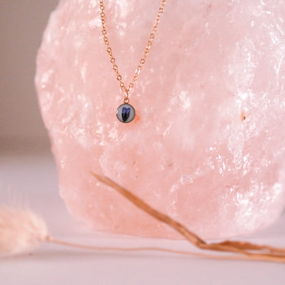 „Forget-Me-Not“ - feine Halskette mit echten Vergissmeinnicht, Anhänger 6mm, 14k Goldfilled