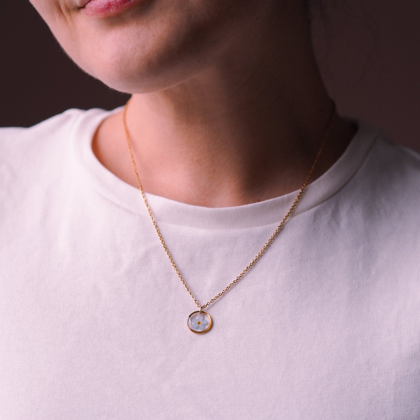 „Forget-Me-Not“ - Halskette mit echten Vergissmeinnicht, Edelstahl