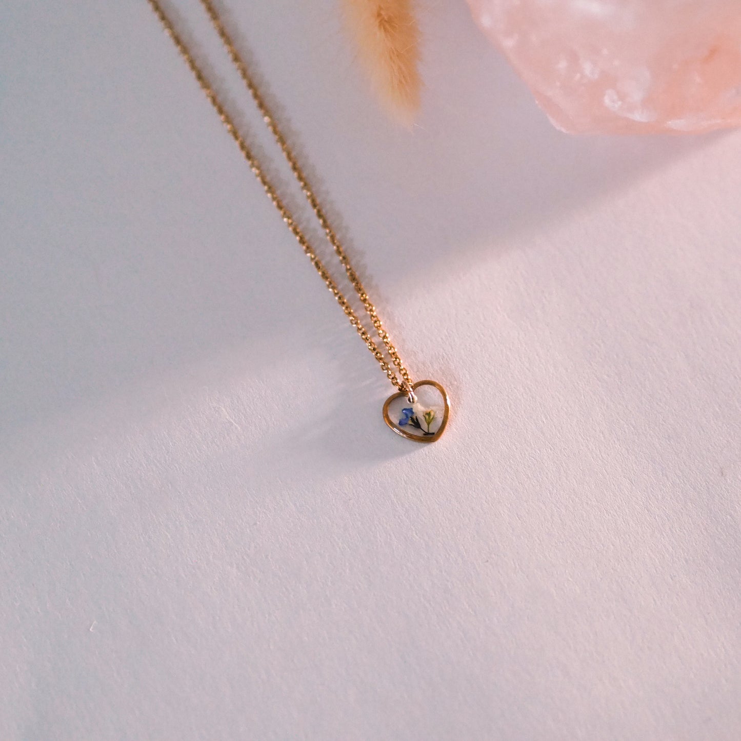 "Forget-Me-Not" - Halskette mit echten Vergissmeinnicht, Herzanhänger, Edelstahl