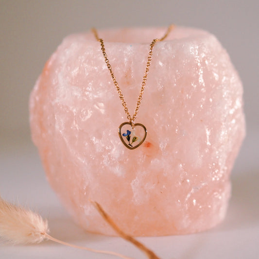 "Forget-Me-Not" - Halskette mit echten Vergissmeinnicht, Herzanhänger, Edelstahl