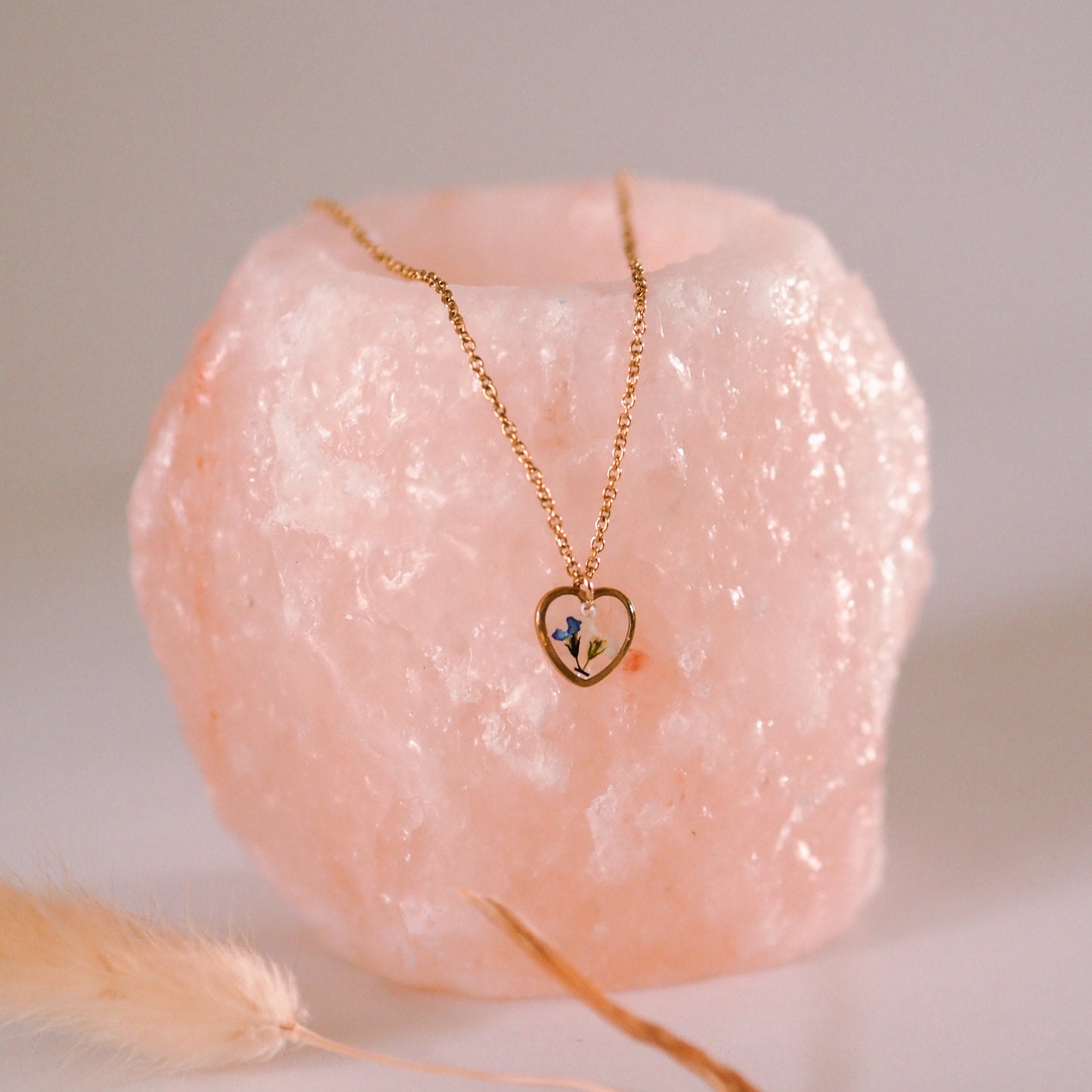 "Forget-Me-Not" - Halskette mit echten Vergissmeinnicht, Herzanhänger, Edelstahl